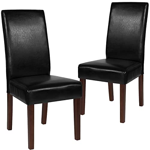 Flash Furniture Set of 2 Greenwich Series Black LeatherSoft Upholstered Panel Back Mid-Century Parsons Dining Chairs