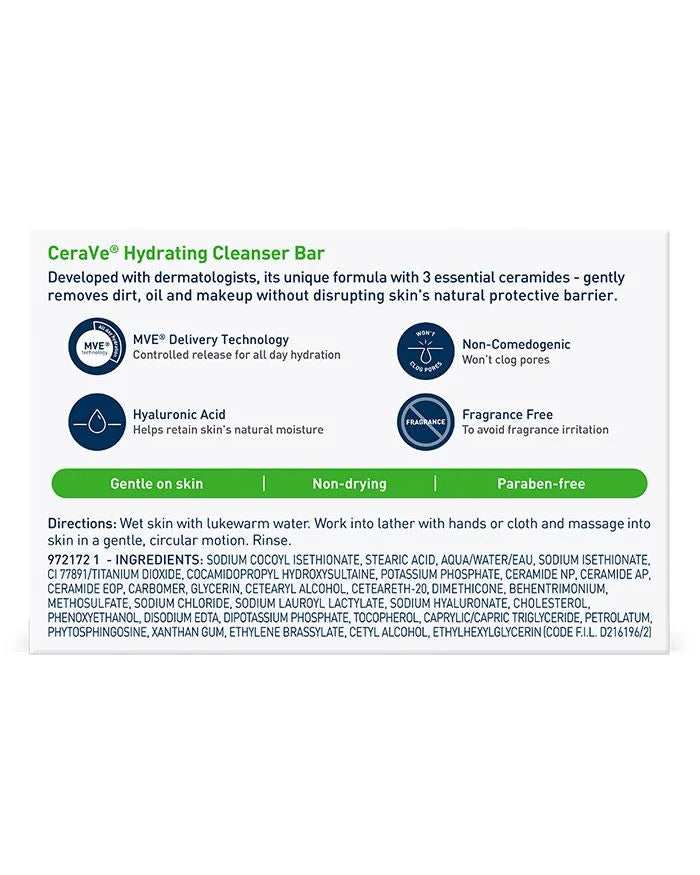 CeraVe Hydrating Cleanser Bar Soap-Free Body and Facial Cleanser with 5% Cerave Moisturizing Cream Fragrance-Free - 4.5 oz Each (Pack of 2)