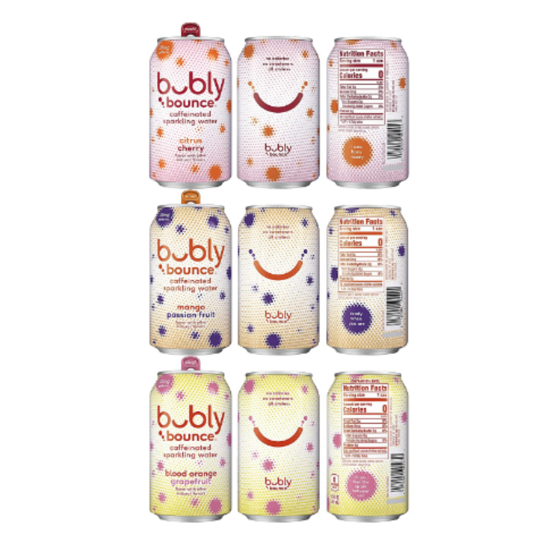 Bubly Bounce Caffeinated Sparkling Water, 3 Flavor Variety Pack, 12 Ounce - Pack of 18