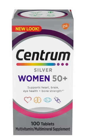 Centrum Silver Multivitamin, Women 50+ Multimineral Supplement with Vitamin D3, B, Calcium and Antioxidants, Gluten Free, Non-GMO Ingredients, 100 ct