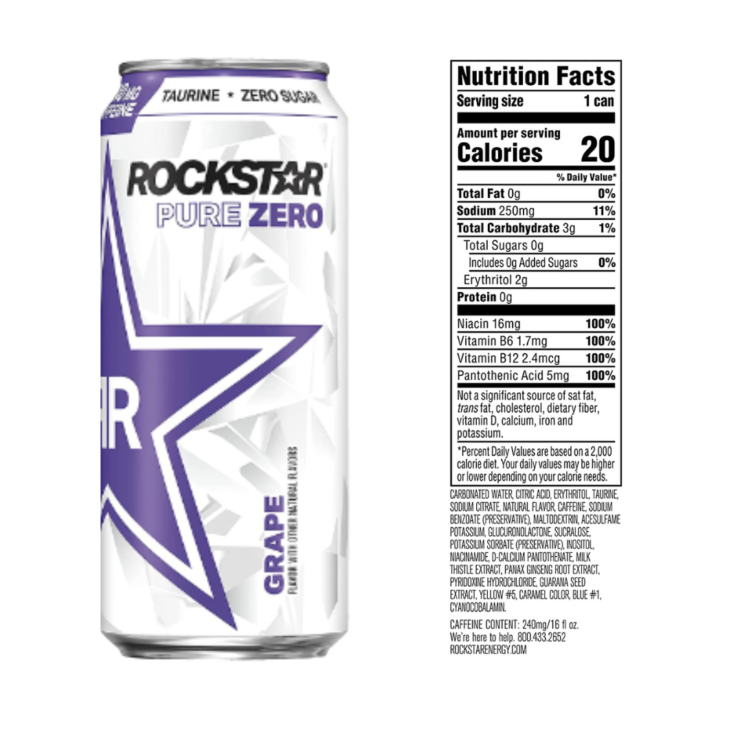 Rockstar Energy Drink Pure Zero, 3 Flavor Pure Zero Variety Pack #2, 16 Ounce - Pack of 12