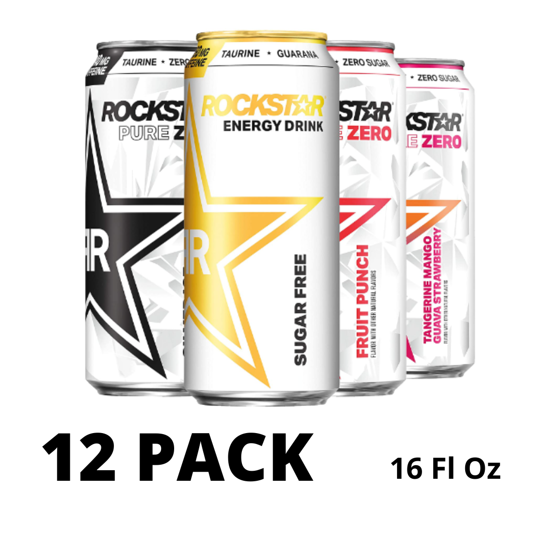 Rockstar Energy Drink Pure Zero, 4 Flavor Zero Sugar Variety Pack, 16 Ounce - Pack of 12