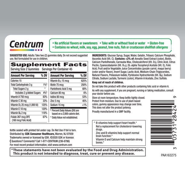 Centrum MultiGummies Gummy Multivitamin for Adults 50 Plus, Multimineral Supplement with Calcium, Zinc and Vitamins B and D, Assorted Fruit Flavor