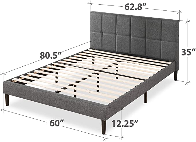 Zinus Lottie 35" Upholstered Platform Bed Frame with Short Headboard and USB Ports - Grey, Queen