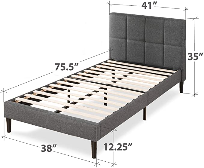 Zinus Lottie 35" Upholstered Platform Bed Frame with Short Headboard and USB Ports - Grey, Twin