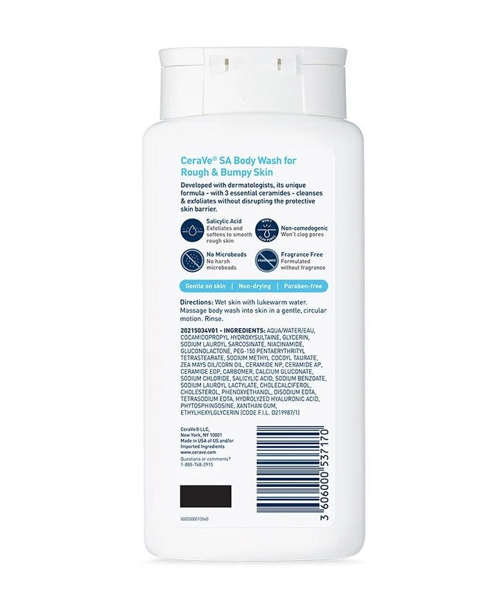 CeraVe SA Body Wash for Rough & Bumpy Skin, 10 Oz - with Skin Smoothing Formula