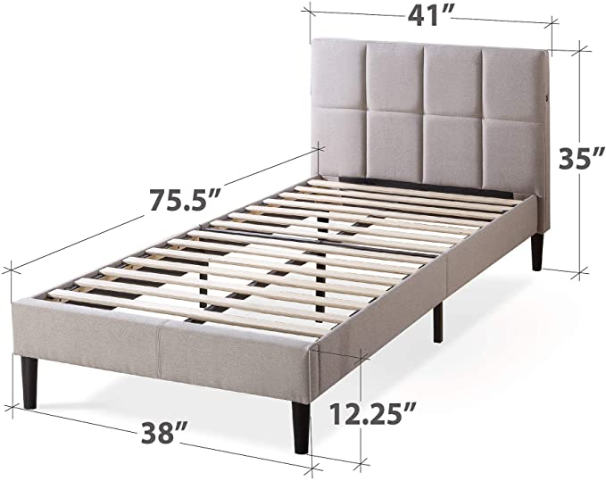 ZINUS Lottie 35" Upholstered Platform Bed Frame with Short Headboard and USB Ports - Beige, Twin