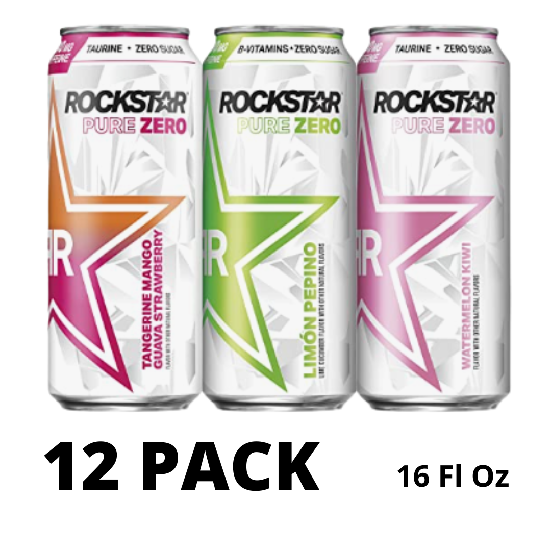 Rockstar Energy Drink Pure Zero, 3 Flavor Pure Zero Variety Pack #1, 16 Ounce - Pack of 12