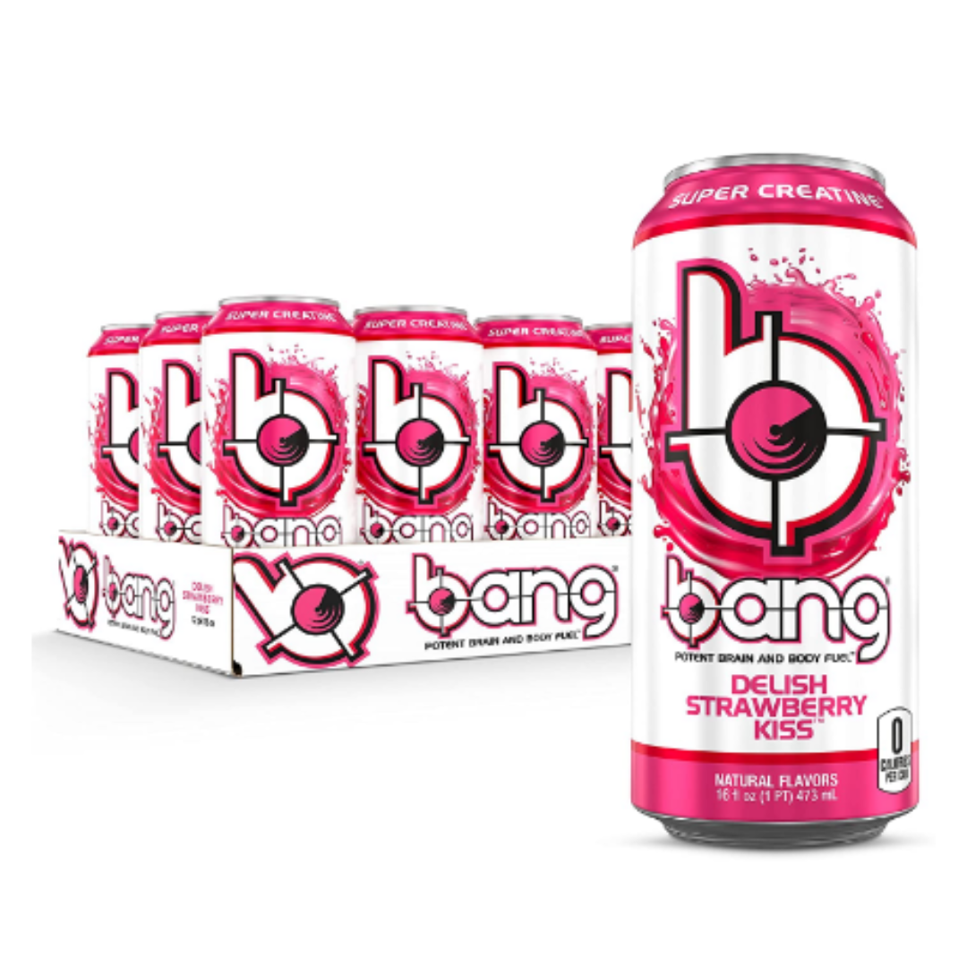 Bang Delish Strawberry Kiss Energy Drink, Sugar Free with Super Creatine 16 Ounce - Pack of 12