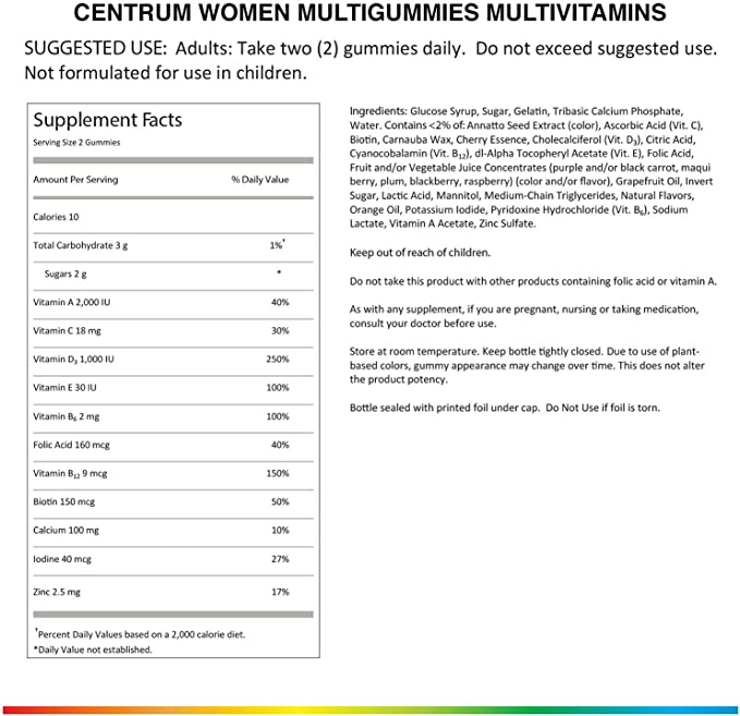 Centrum Women MultiGummies (150 Count, Natural Cherry, Berry, Orange Flavor) Multivitamin / Multimineral Supplement Gummies