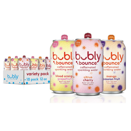 Bubly Bounce Caffeinated Sparkling Water, 3 Flavor Variety Pack, 12 Ounce - Pack of 18