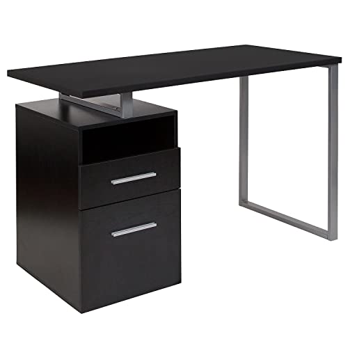 Flash Furniture Harwood Dark Ash Wood Grain Finish Computer Desk with Two Drawers and Silver Metal Frame