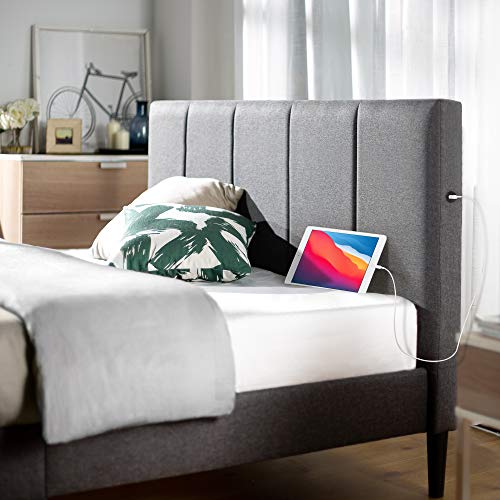 ZINUS Maddon Upholstered Platform Bed Frame with USB Ports / Mattress Foundation / Wood Slat Support / No Box Spring Needed / Easy Assembly, Grey, Full