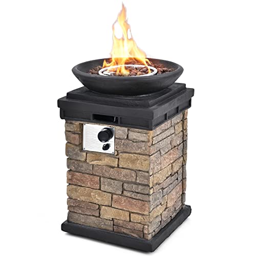 COSTWAY Patio Propane Fire Bowl, 40,000BTU Square Fire Pit with Round Bowl, Lava Rocks & Waterproof Cover, Patiojoy Faux Stone Fire Pit Table for Outside Courtyard, Patio, Porch, Brown