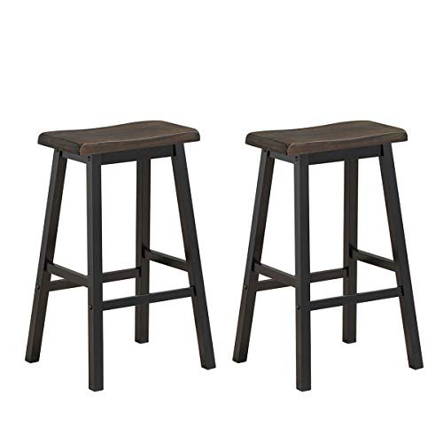 COSTWAY Saddle Stools Set of 2, 29-inch Height Vintage Counter Height Chairs with Solid Wood Legs, Modern Backless Design Indoor Bar Stools for Kitchen, Dining, Pub and Bistro, Grey