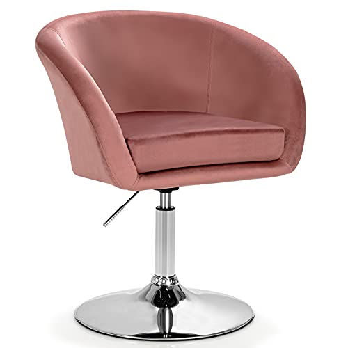 COSTWAY Vanity Chair, Height Adjustable Modern Velvet Makeup Chair with Chrome Frame, Round-Back, Comfortable Swivel Accent Leisure Chair for Living Room, Bedroom (Pink)