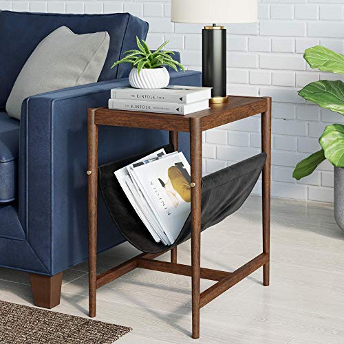 Nathan James Nelly Mid-Century Rustic End or Side, Wood and Black Metal Rectangle Sofa Table with Vegan Leather Magazine Holder Sling, Nightstand, Oak