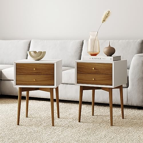 Nathan James Harper Modern Nightstand Side Accent or End Table with Storage Drawer, Set of 2, White/Brown