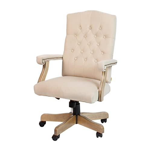 Flash Furniture Derrick Traditional Office Chair - Ivory Microfiber Tufted Swivel Office Chair - Home Office Desk Chair with Driftwood Base