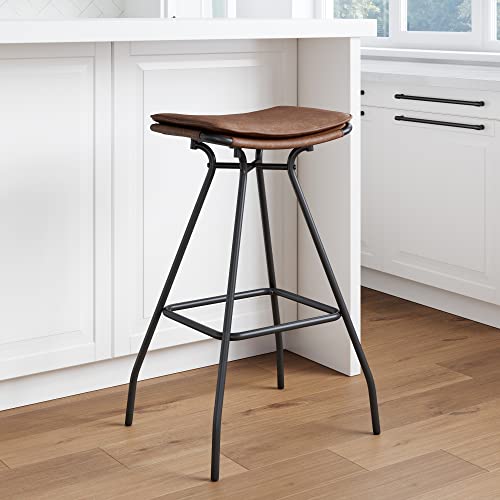 Dominique 30 inch Industrial Backless Kitchen Bar Stool with Upholstered Leather Saddle Seat and Black Metal Base, Brown/Black
