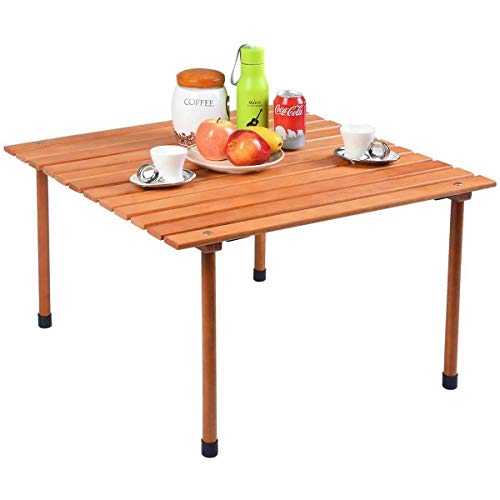 COSTWAY Wood Picnic Folding Roll Up Outdoor Camping Beach Dining Use Low Portable Table with Carrying Bag