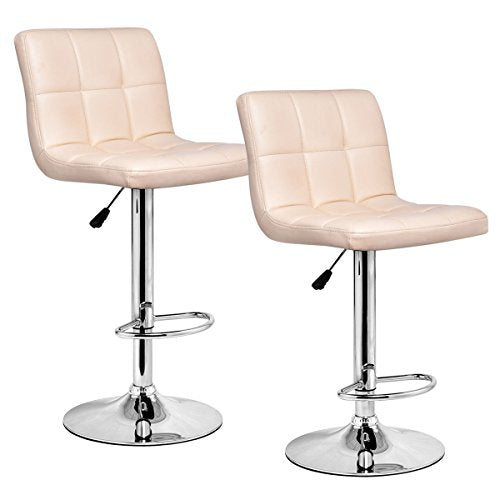 COSTWAY Set of 2 Swivel Bar Stools Bonded Back Adjustable Hydraulic Modern Leather Counter Pub Chair (Beige)