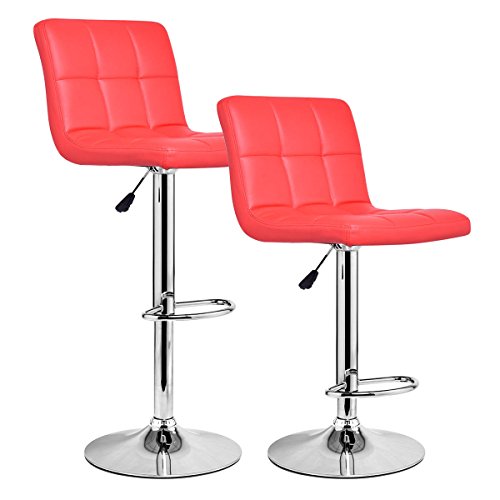 COSTWAY Set of 2 Swivel Bar Stools Bonded Back Adjustable Hydraulic Modern Leather Counter Pub Chair (Red)