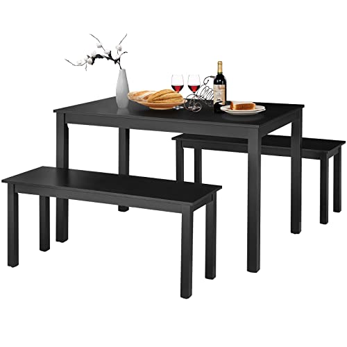 COSTWAY 3-Piece Dining Table Set for 4, Industrial Rectangular Kitchen Dining Table with 2 Benches, Sturdy Structure, Space-Saving Breakfast Table and Chairs Set for Home, Restaurant, Pub, Bar (Black)