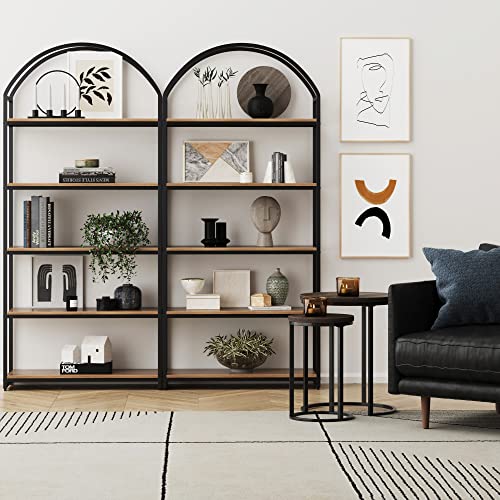 Nathan James Haven Etagere Bookshelf, 5-Shelf Bookcase in Oak Wood and Black Metal Frame with Arch Top and Open Shelves, Oak/Black, Set of 2