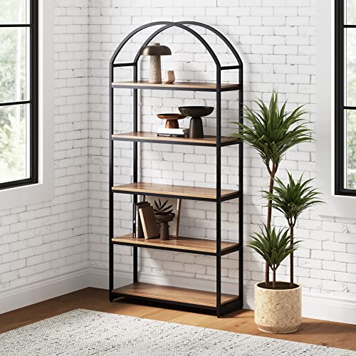 Nathan James Haven Etagere Bookshelf, 5-Shelf Bookcase in Oak Wood and Black Metal Frame with Arch Top and Open Shelves, Oak/Black