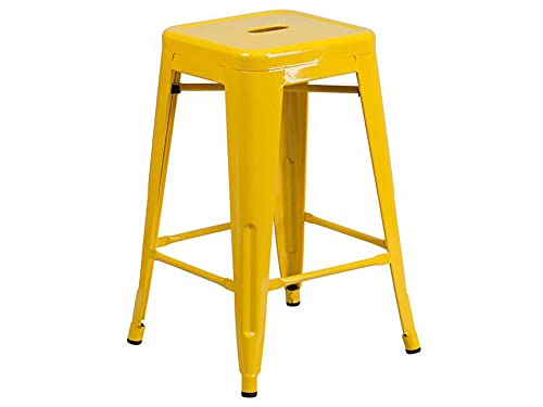 Flash Furniture Lily 4 Pack Commercial Grade 24" High Backless Yellow Metal Indoor-Outdoor Counter Height Stool with Square Seat