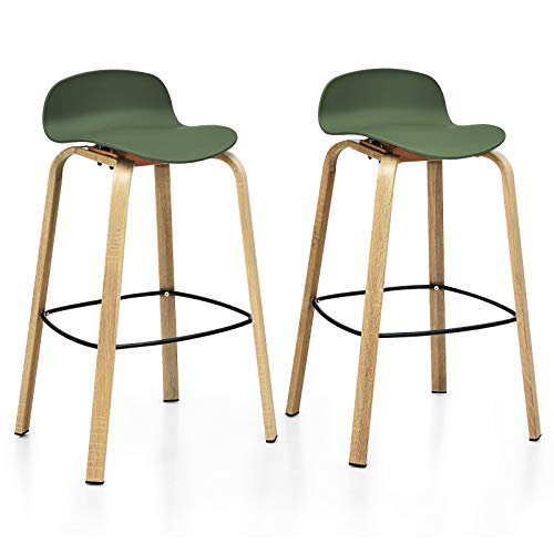 COSTWAY Bar Stools Set of 2, 30-Inch Height Modern Minimalist Bar Chairs with Footrest, Low Backrest and Metal Legs, Nordic Style High Stools for Pub, Kitchen Island, Dining Room, Living Room, Green