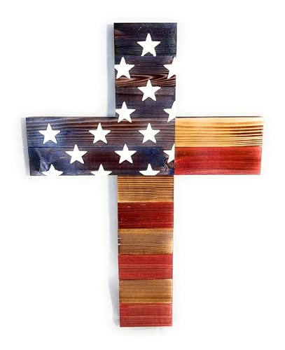 American Flag Cross 16.5" x 12" Wooden Burned Painted Stars