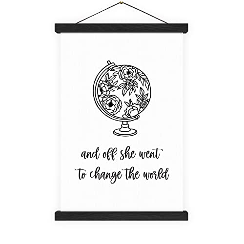 And Off She Went To Change The World Sign, Hanging Canvas Print Signs, Inspirational Wall Decor, Scroll Wall Art Canvas Sign With Poster Hanger Framed (And Off She Went - Black Frame)