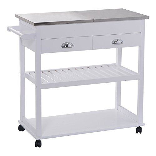 COSTWAY White Rolling Kitchen Trolley Cart Stainless Steel-Flip Top W/Drawers &Casters