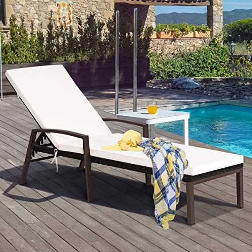 COSTWAY Patio Rattan Lounge Chair Chaise Recliner Back Adjustable Cushioned Garden White