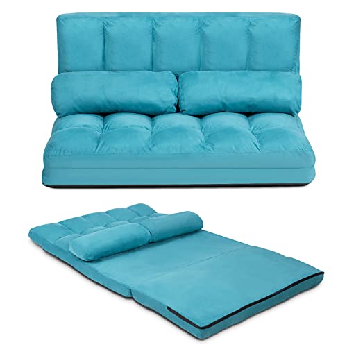 COSTWAY Floor Sofa Couch with 2 Pillows, Foldable 6-Position Adjustable Lazy Sofa Bed Sleeper with Metal Frame, Soft Suede Fabric, Gaming Playing Lounge Recliner for Adults (Blue)