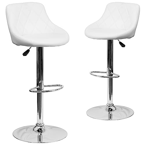 Flash Furniture Caldwell 2 Pack Contemporary White Vinyl Bucket Seat Adjustable Height Barstool with Diamond Pattern Back and Chrome Base