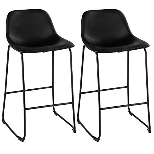 COSTWAY Set of 2 Bar Stools Modern Contemporary PU Leather Bar Height Armless Padded Seat Pub Bistro Kitchen Dining Side Chair Barstools with Metal Legs (Black)