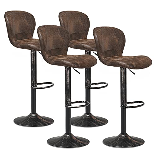 COSTWAY Bar Stools Set of 4, Adjustable Swivel Barstools with Back, Hot-Stamping Cloth and Chrome Footrest, Barstools Bar Height Chairs for Kitchen Dining Living Bistro Pub, Retro Brown