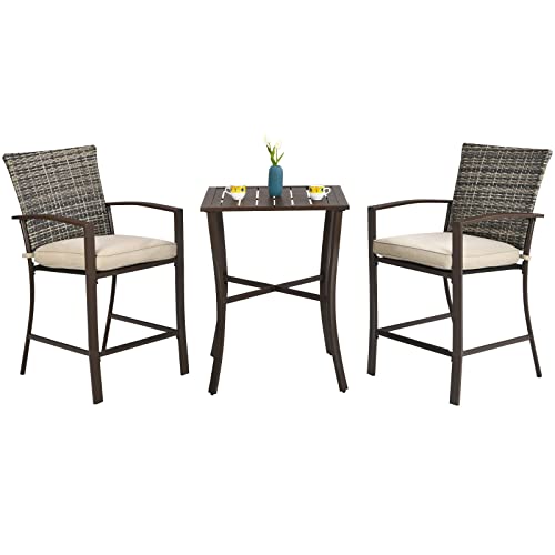 COSTWAY 3PCS Patio Rattan Bar Furniture Set Slat Table 2 Cushioned Stools Poolside Brown