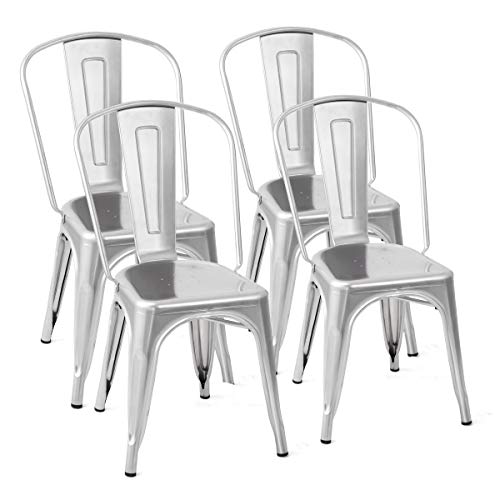 COSTWAY Tolix Style Dining Chairs Metal Industrial Vintage Chic High Back Indoor Outdoor Dining Bistro CafŽ Kitchen Side Stackable Chair Set of 4 (Silver)