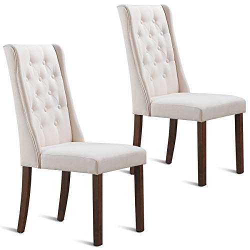 Costway Set of 2 Dining Chair Backrest Cushioned Parsons Dining Side Chair with Solid Wooden Legs, Fabric Button-Tufted, Comfortable Upholstered Back and Seat, Classic Parsons Button Tufted Accent, Le