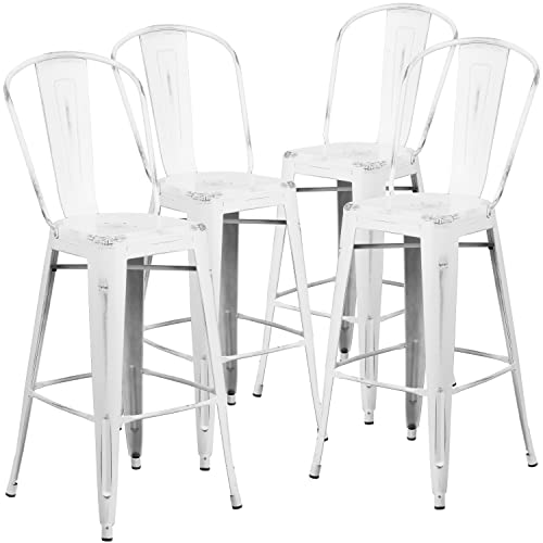 Flash Furniture Blake Commercial Grade 4 Pack 30" High Distressed White Metal Indoor-Outdoor Barstool with Back
