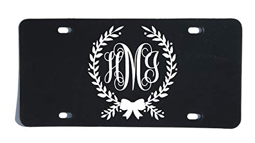 Custom Personalized Monogram Vanity Plate, Initial Front License Auto Tag, Car Accessories, Bow and Wreath Script Letter Design