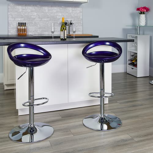 Flash Furniture Wilson 2 Pk. Contemporary Blue Plastic Adjustable Height Barstool with Rounded Cutout Back and Chrome Base