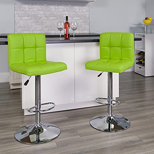 Flash Furniture Alexandra 2 Pk. Contemporary Green Quilted Vinyl Adjustable Height Barstool with Chrome Base