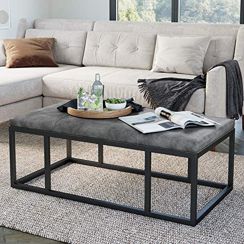 Nathan James Nelson Coffee Table Ottoman, Living Room Entryway Bench with Faux Leather Tuft and Matte Iron Frame, Gray/Black