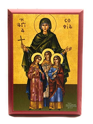 Wooden Greek Orthodox Christian Icon Martys Saint Sophia and Children Saints Faith, Hope, Love (4.5" x 6.5")