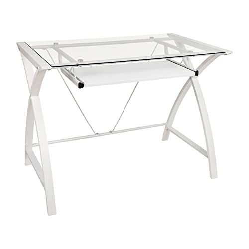 Flash Furniture Jude Clear Tempered Glass Computer Desk with White Pull-Out Keyboard Tray and White Crisscross Frame